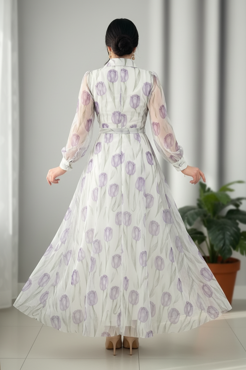 Vestido Tulipanes Lilas — Chiffon Botones & Manga Larga cod.859
