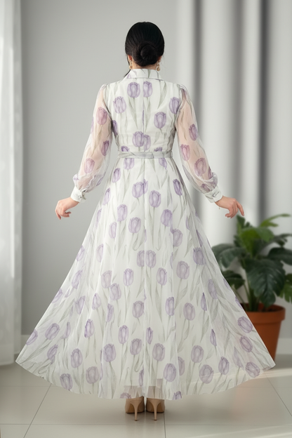 Vestido Tulipanes Lilas — Chiffon Botones & Manga Larga cod.859