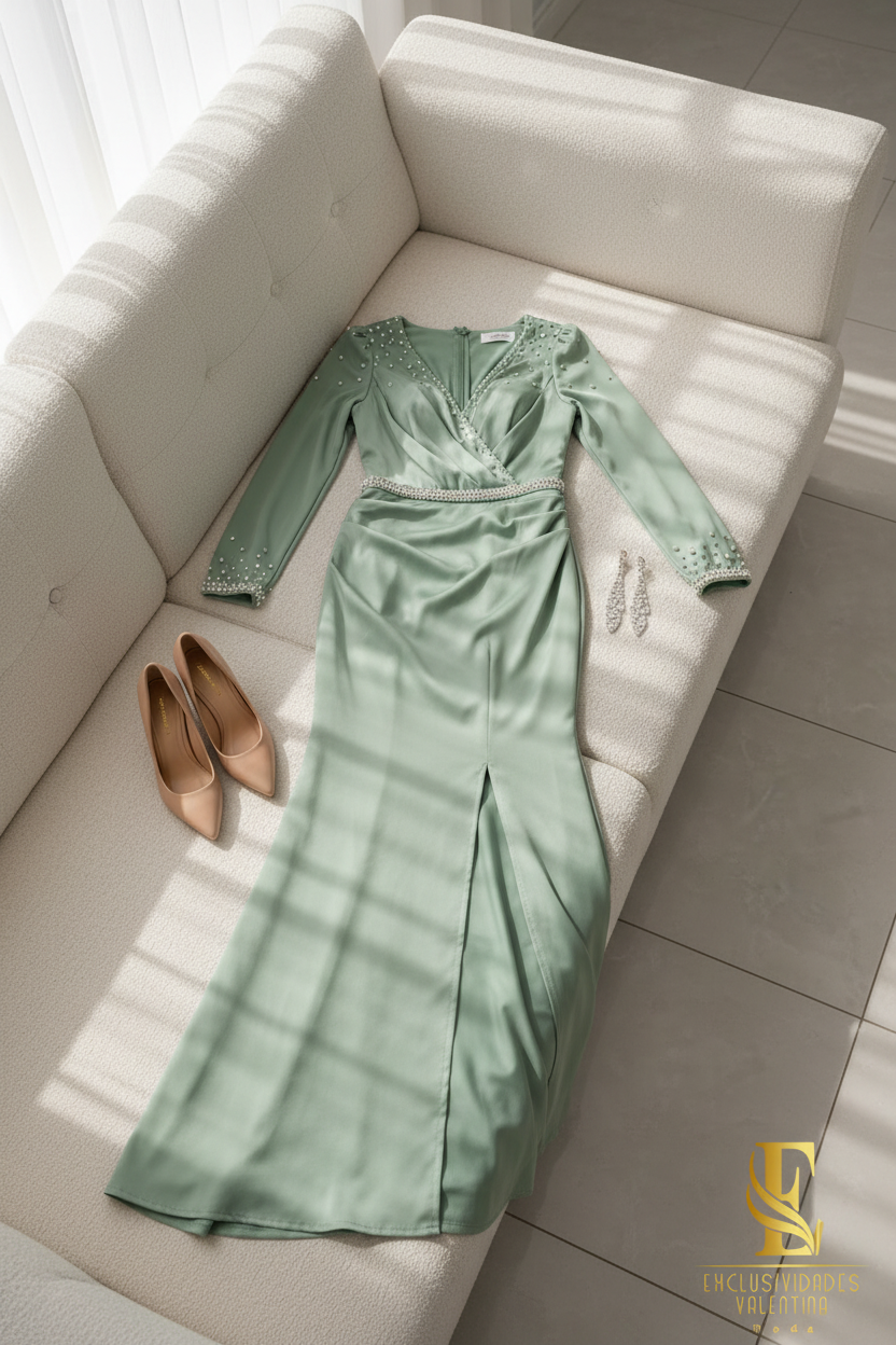 Vestido Verde Sage Manga Larga con Escote V y Cinturón de Pedrería cod.V281