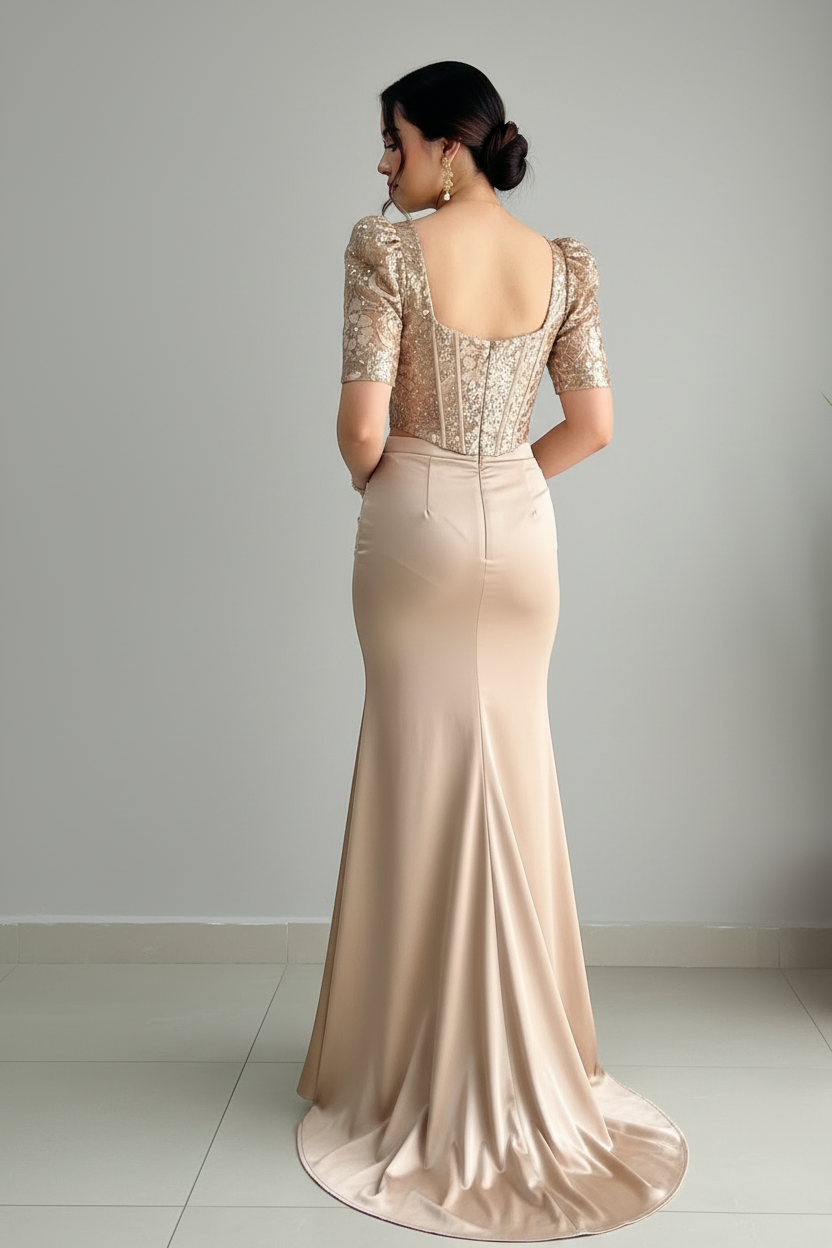 Vestido Sirena Dorado Champagne — Corset Lentejuelas, Bordado Floral & Cola cod.882