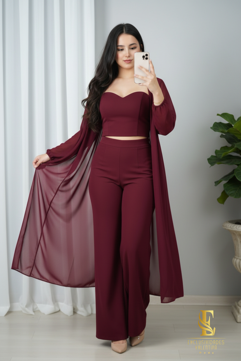 Conjunto Vino 3 Piezas — Crop Top, Palazzo & Kimono de Gasa cod.0029