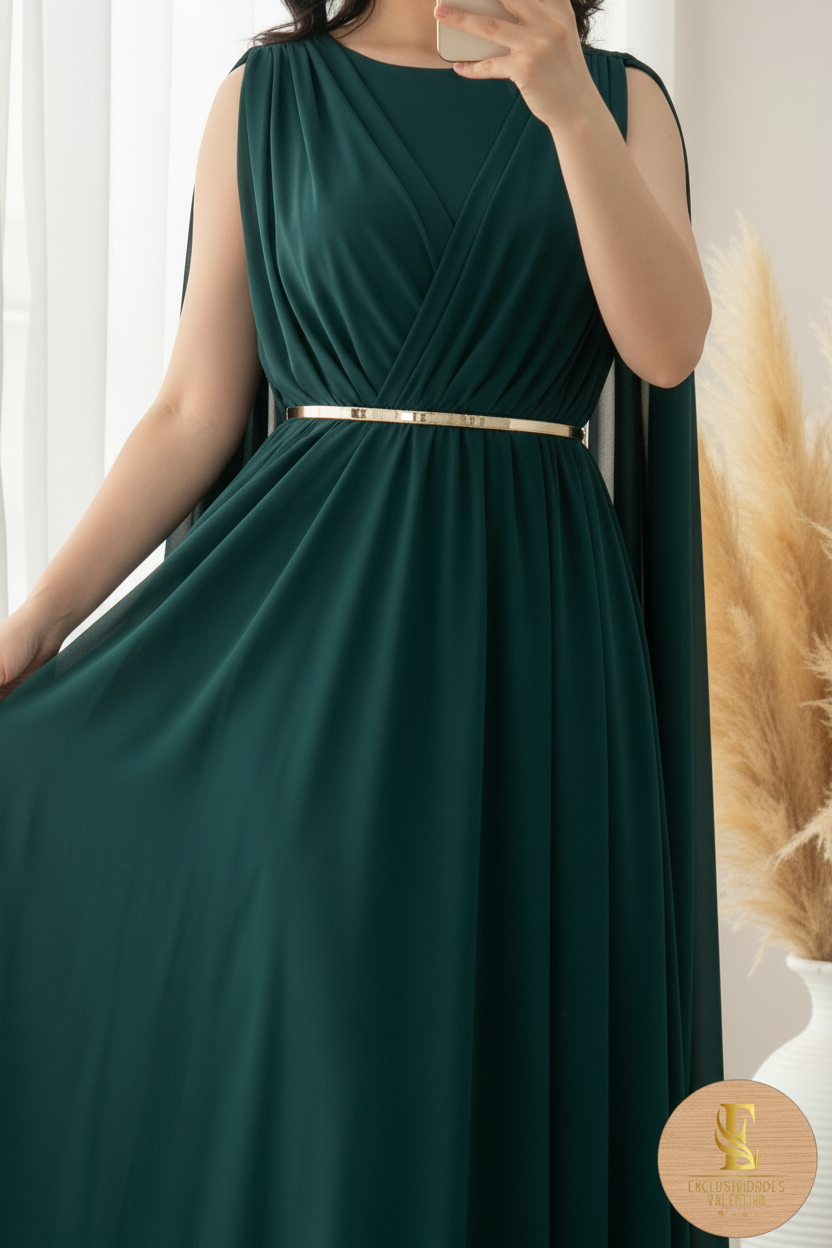 Vestido Esmeralda Chiffon Sin Mangas con Capa cod.0093
