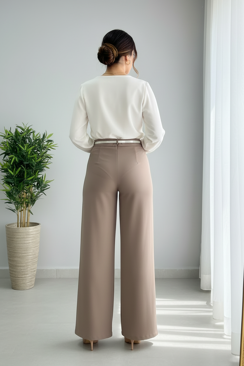 Pantalón Palazzo Beige Topo — Tiro Alto & Cintón Fino cod.871