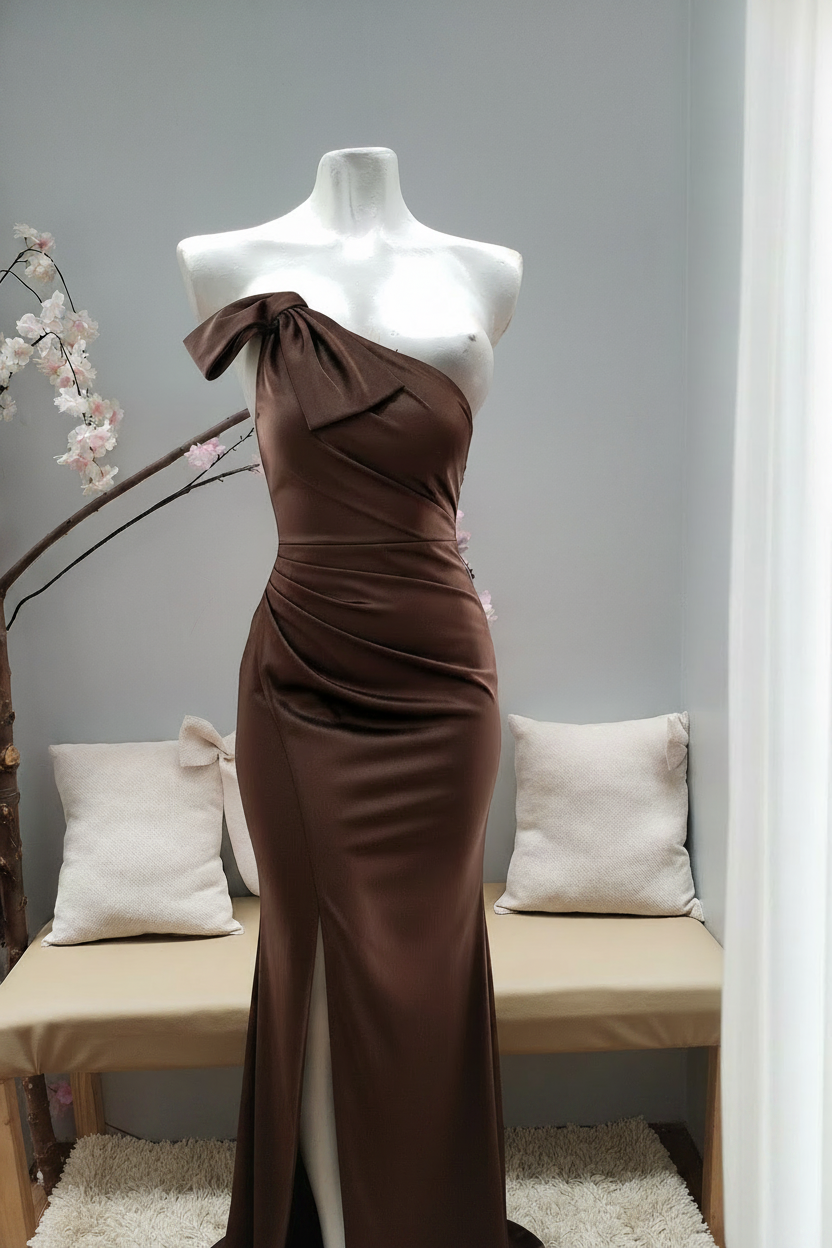 Vestido Chocolate One-Shoulder Moño cod.V423
