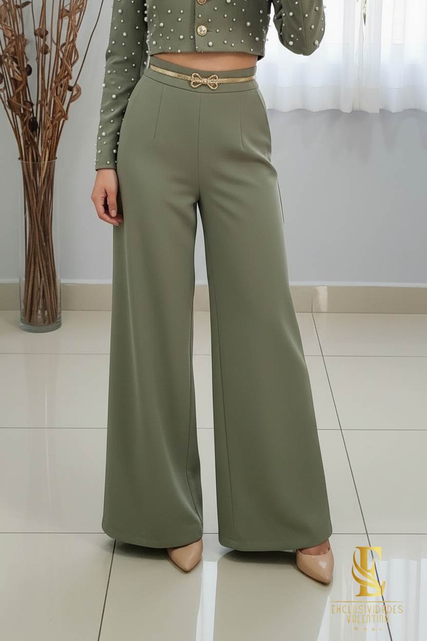 Conjunto Blazer Crop Verde Salvia con Perlas y Palazzo cod.C352