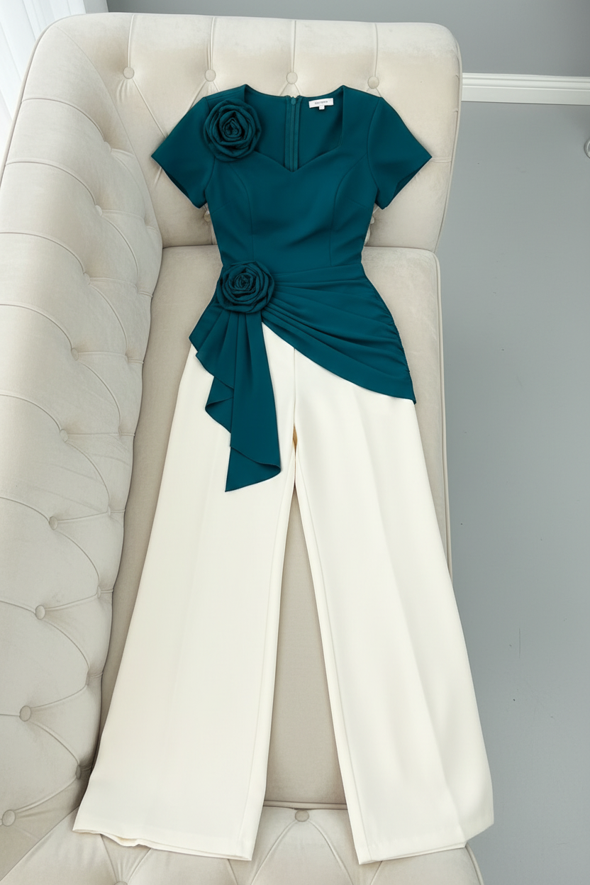 Conjunto  Teal Rosas 3D + Palazzo Blanco | C-029