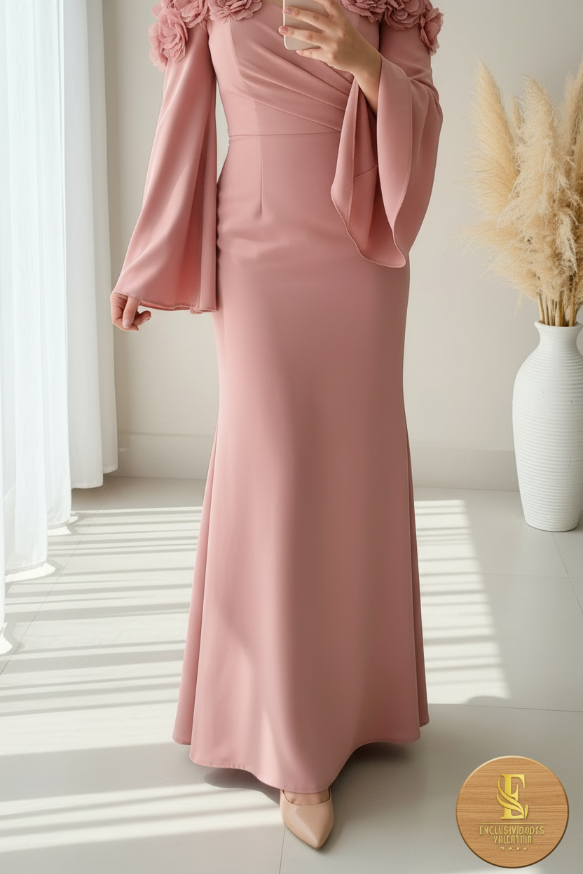 Vestido Gala Rosa Off-Shoulder Rosas D cod.0090