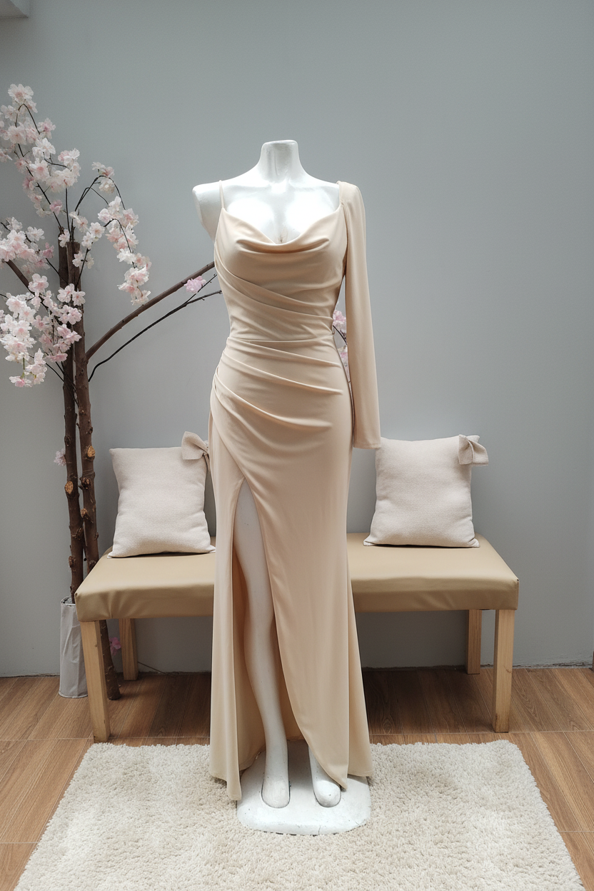 Vestido Champagne Asimétrico Manga Larga con Abertura Frontal cod.V380