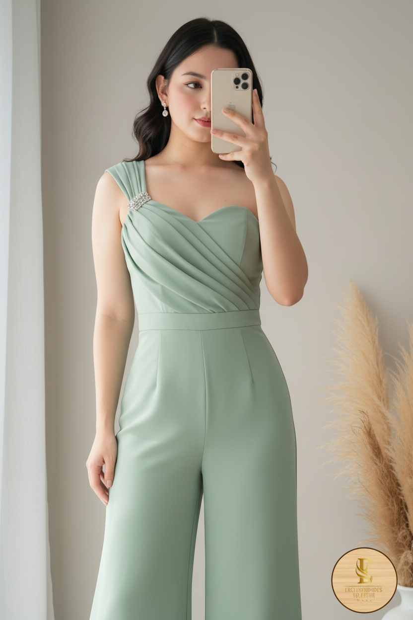 Enterizo Verde Menta One-Shoulder Palazzo Drapeado Broche Cristales cod.00110