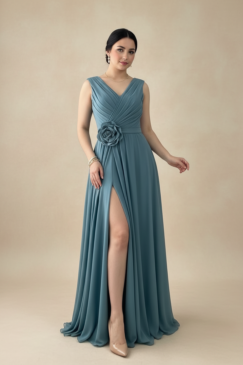 Vestido Largo Azul Acero — Escote V Cruzado, Rosa 3D Cintura & Abertura Frontal cod.886