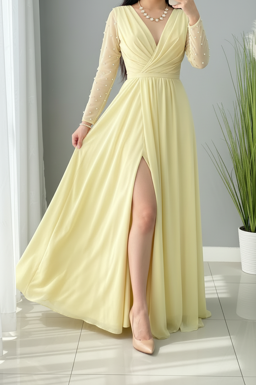Vestido Amarillo Pastel Manga Larga Tul Perlas Abertura cod.V691