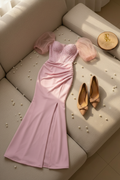 Vestido Formal Rosa Corset con Mangas Tul y Perlas cod.502
