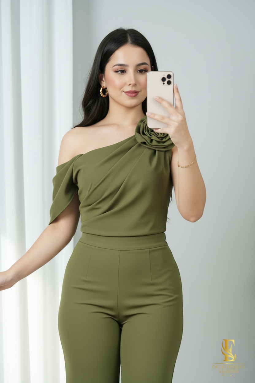 Conjunto Verde Olivo — Blusa Rosa & Palazzo cod.0027