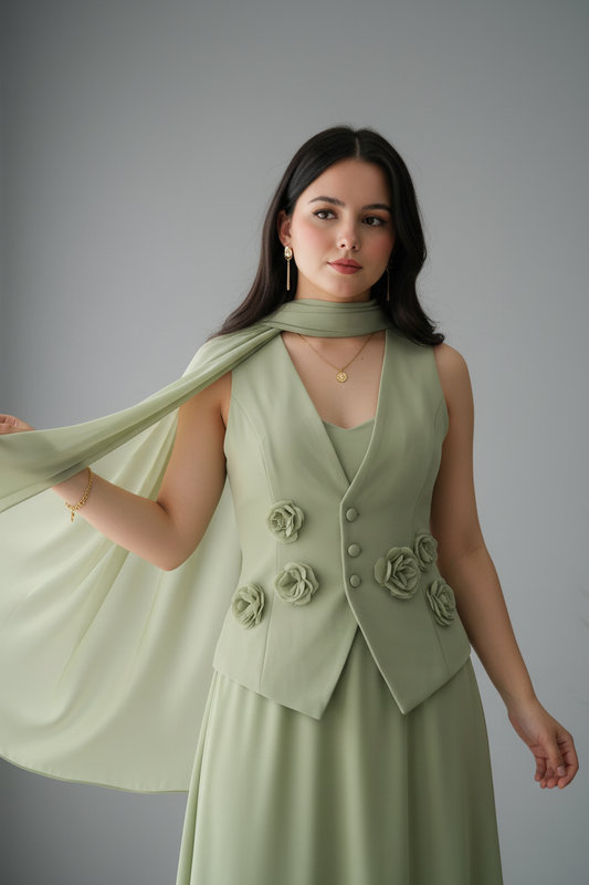 Conjunto Verde Salvia Chaleco con Rosas 3D y Capa cod.C638