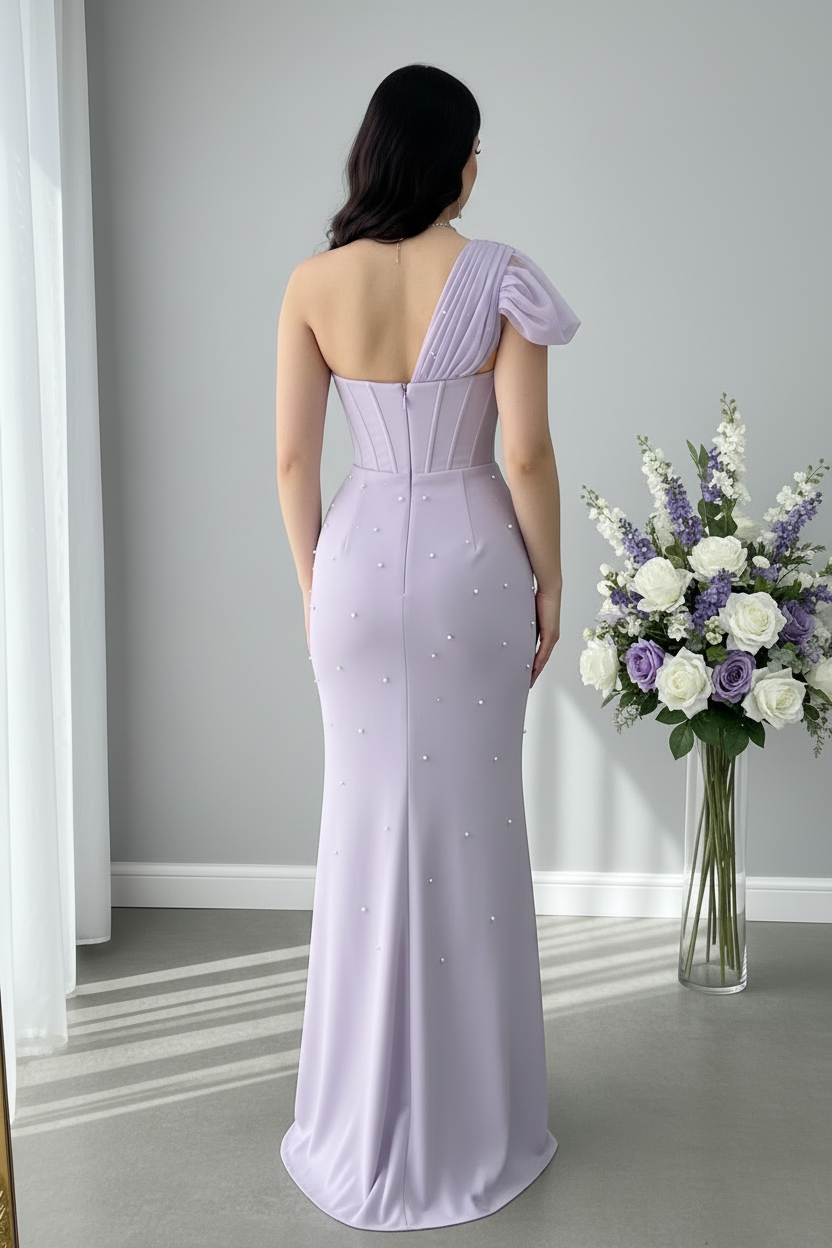 Vestido Lila Lavanda Un Hombro Corsé Perlas Rosa 3D Abertura cod.V0035