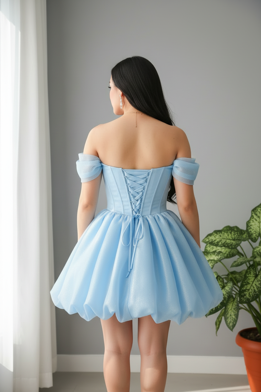 Vestido Azul Cielo Off-Shoulder Corsé con Falda Bubble Organza cod.977