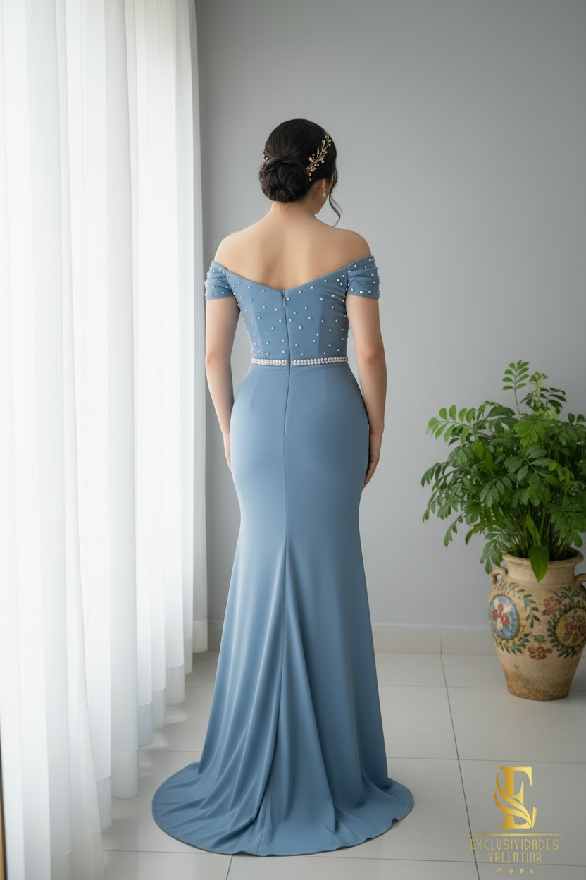 Vestido Azul Acero Sirena Off-Shoulder con Perlas y Abertura cod.0073