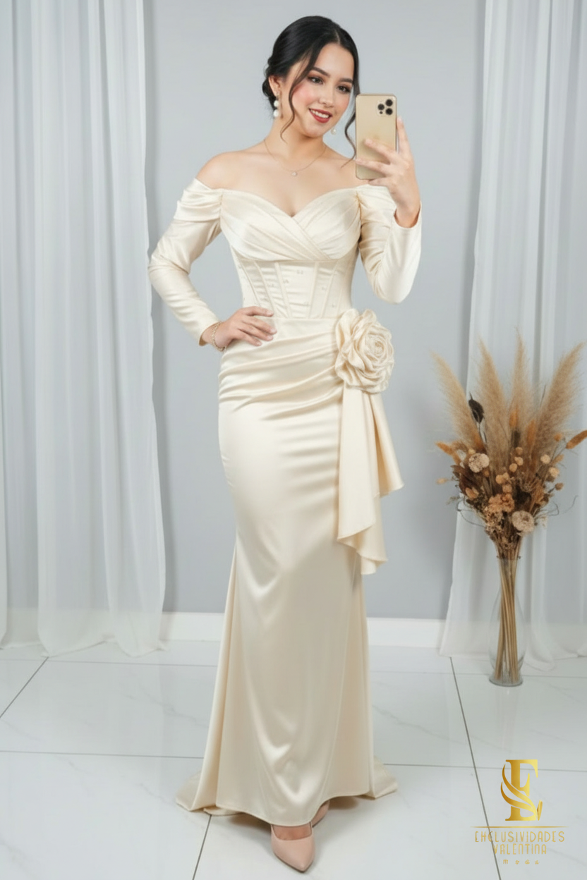 Vestido Champagne Ivory Off-Shoulder Sirena Manga Larga Rosa 3D cod.V302
