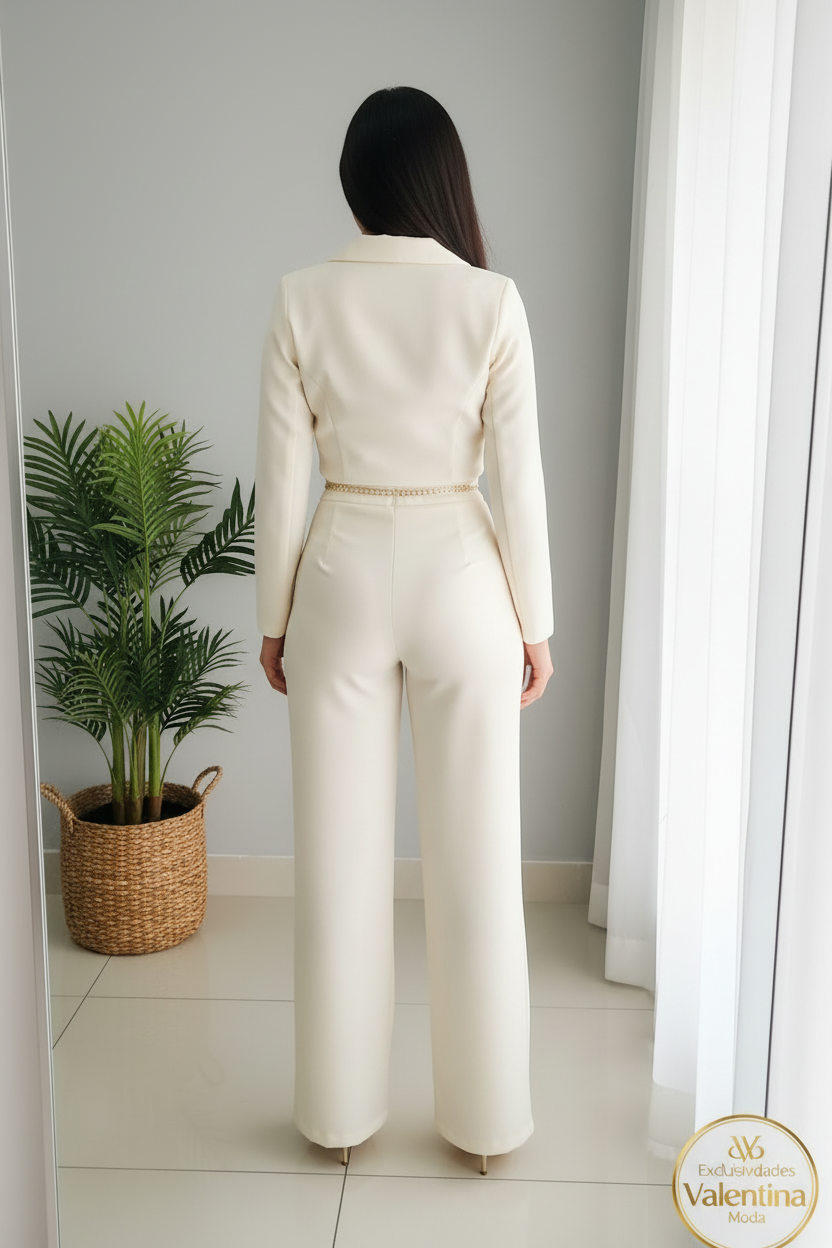 Conjunto 2 Piezas Blanco Crema Blazer Cropped y Palazzo cod.00144