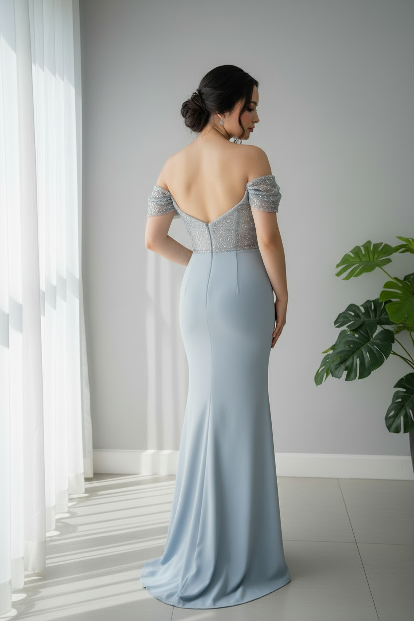 Vestido Azul Gris Off-Shoulder con Pedrería cod.710