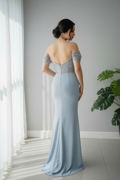 Vestido Azul Gris Off-Shoulder con Pedrería cod.710