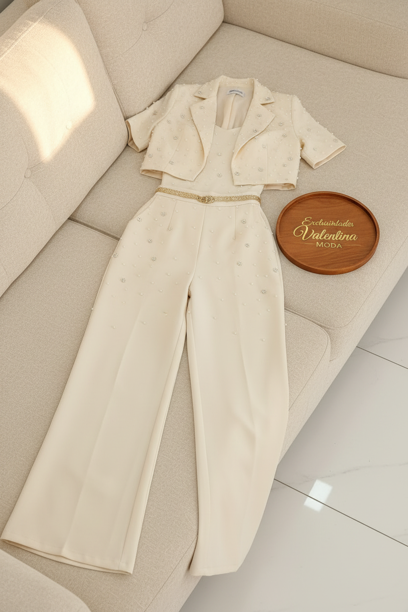 Conjunto Crema Blazer Corto con Perlas y Pantalón cod.641