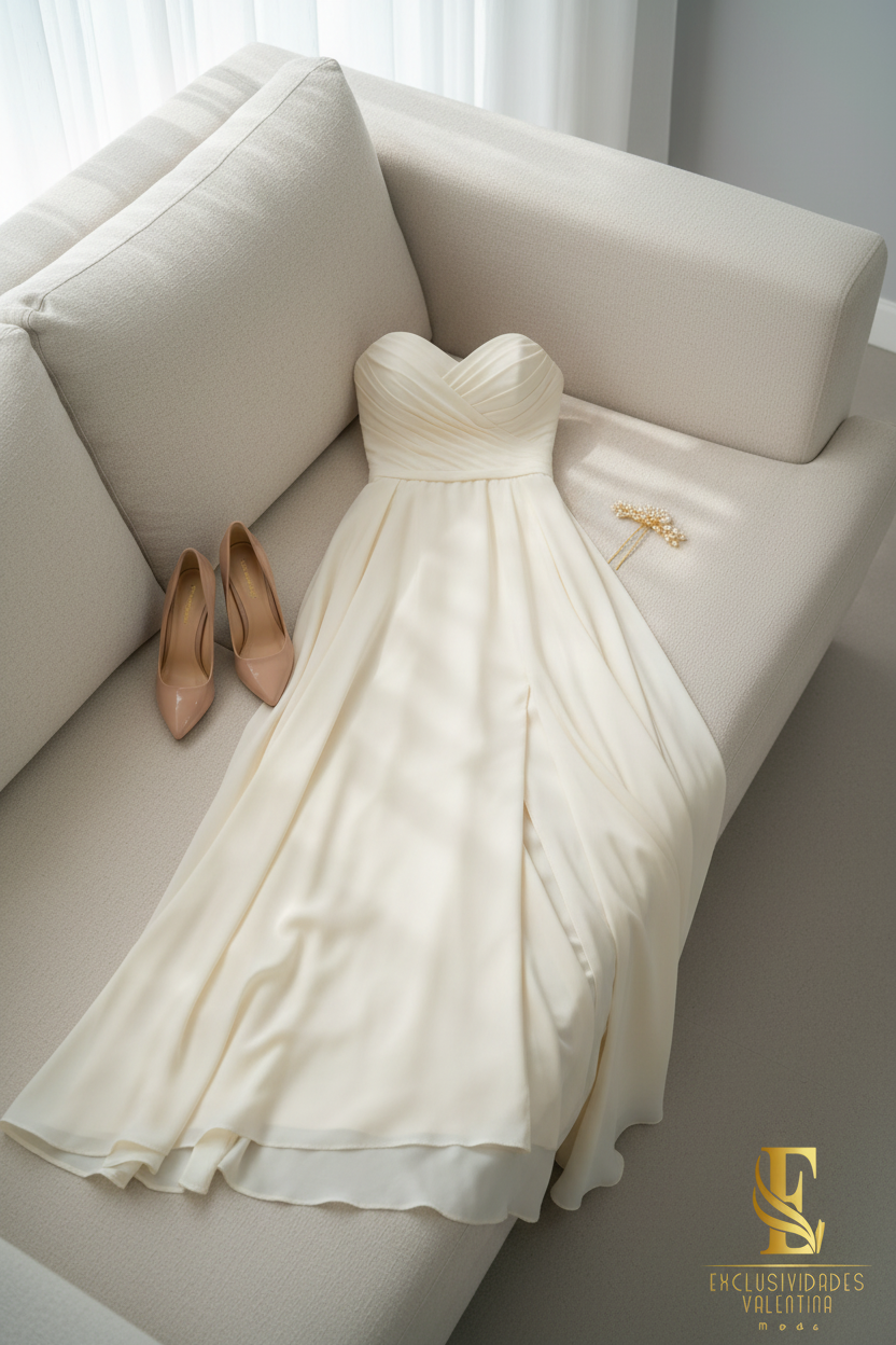 Vestido Ivory Strapless Escote Corazón con Gasa y Abertura cod.V282