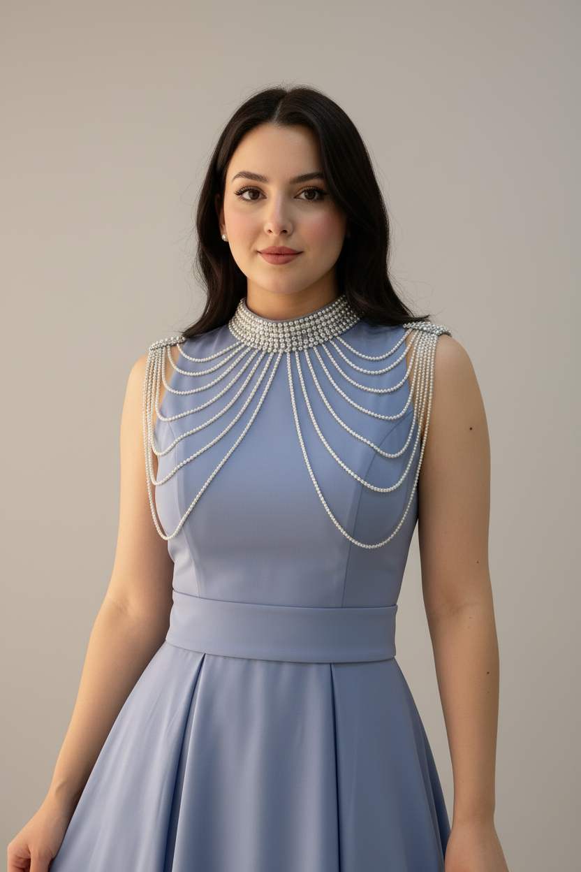 Vestido Blue Pearl – Gown Azul Acero Cuello Alto con Drapeado de Perlas cod.679