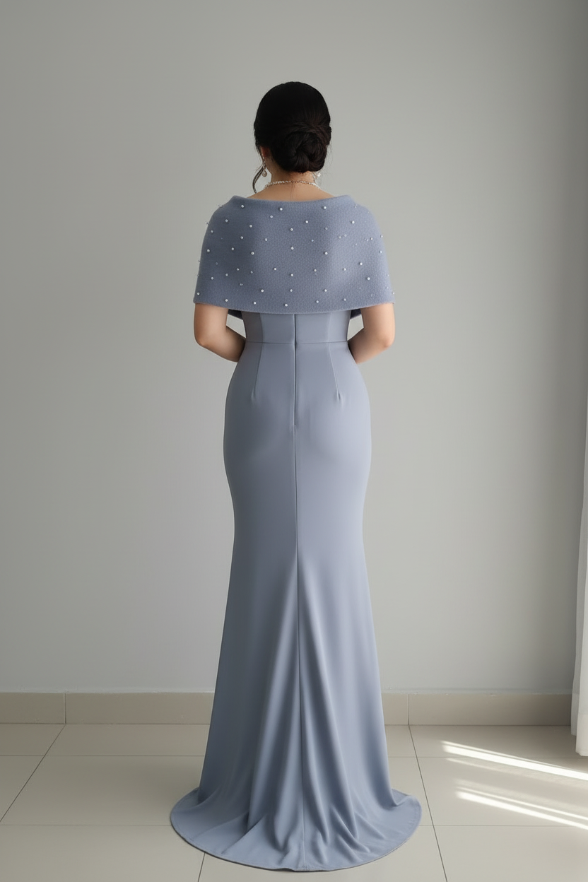 Vestido Sirena Azul Acero con Chal de Perlas Exclusivo cod.797
