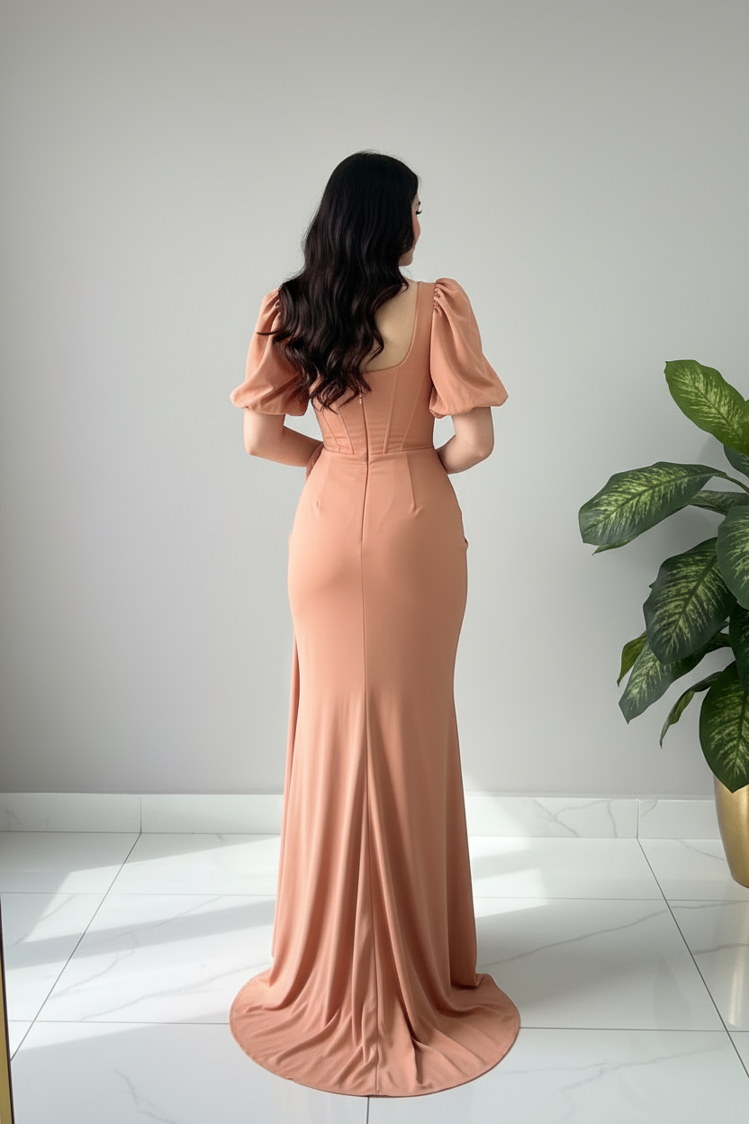 Vestido Terracota Corset con Mangas Globo y Rosa D cod.658