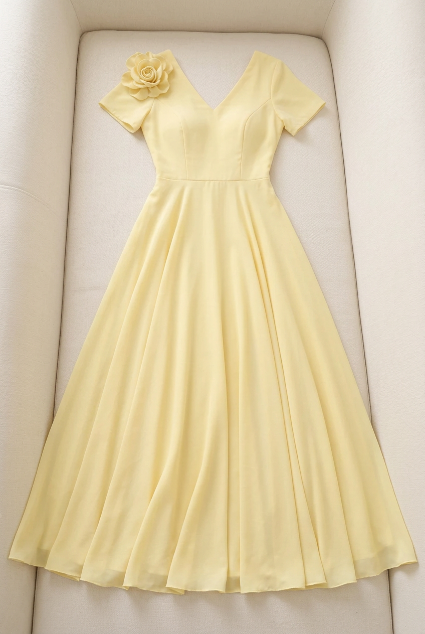 Vestido largo amarillo suave escote V con flor al hombro cod. VC024