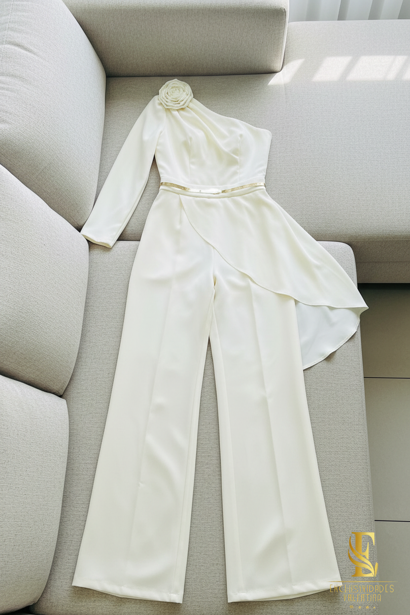 Enterizo Off-White | Un Hombro Manga Larga con Rosa 3D, Capa Asimétrica y Palazzo cod.514