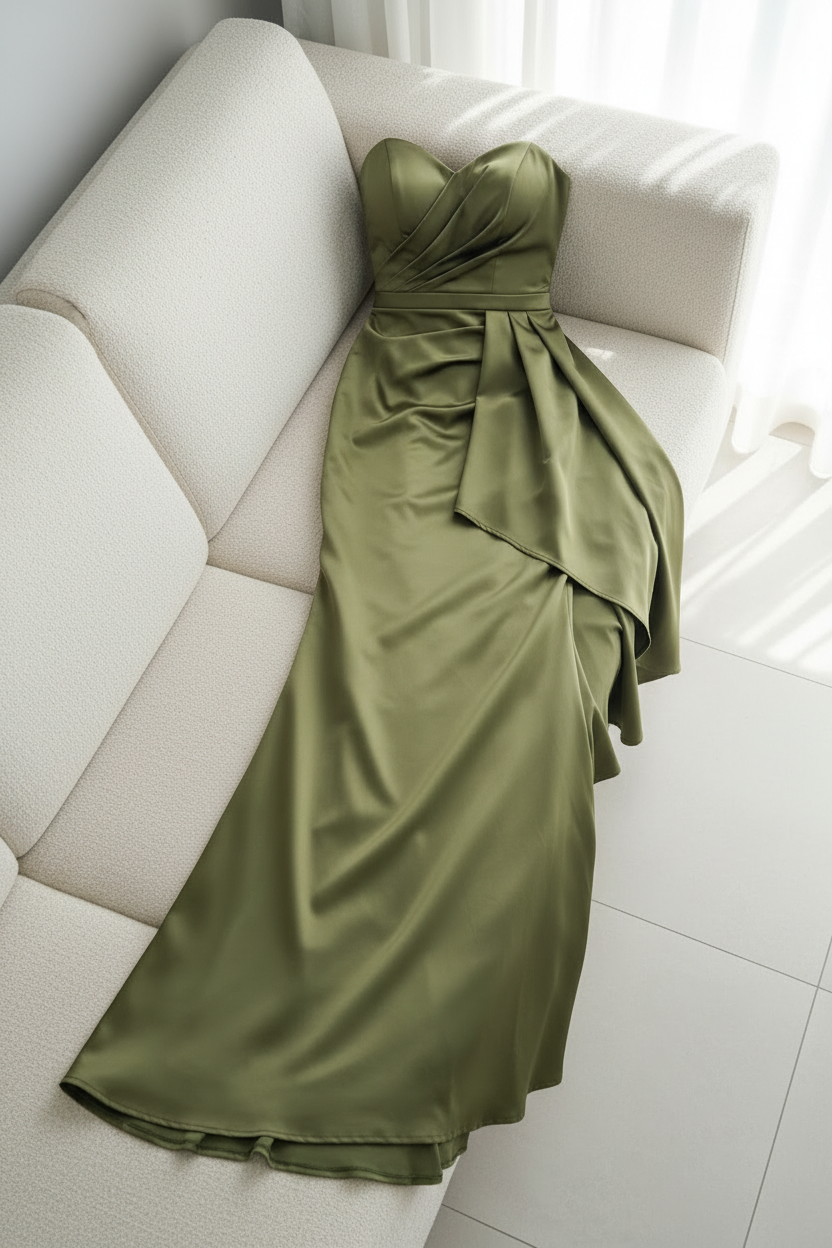 Vestido Verde Olivo Strapless Volante Lateral cod.V422