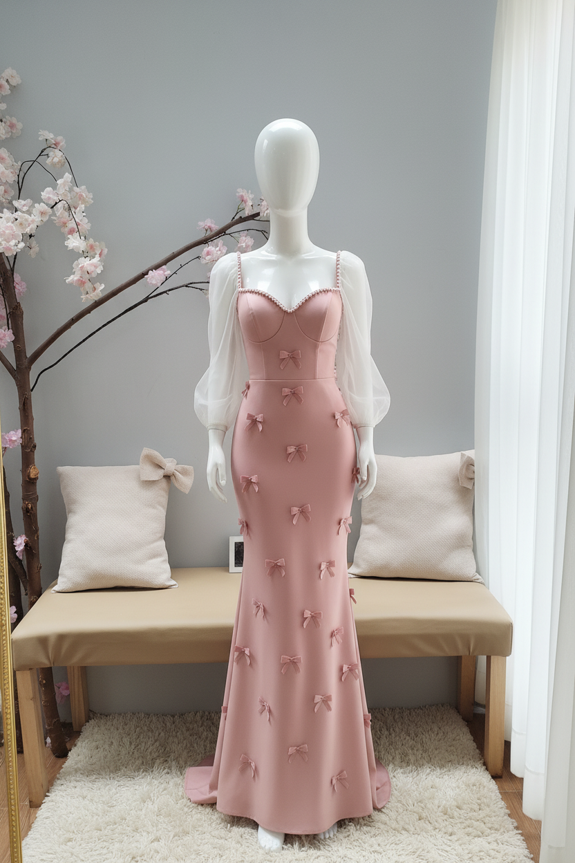 Vestido Rosa Lazos Mangas Largas