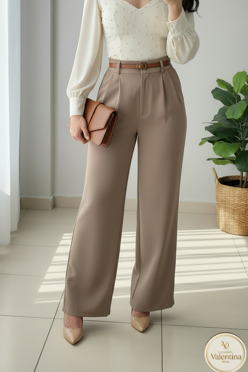 Conjunto 2 Piezas Top Crema Perlas y Pantalón Palazzo Beige cod.00130