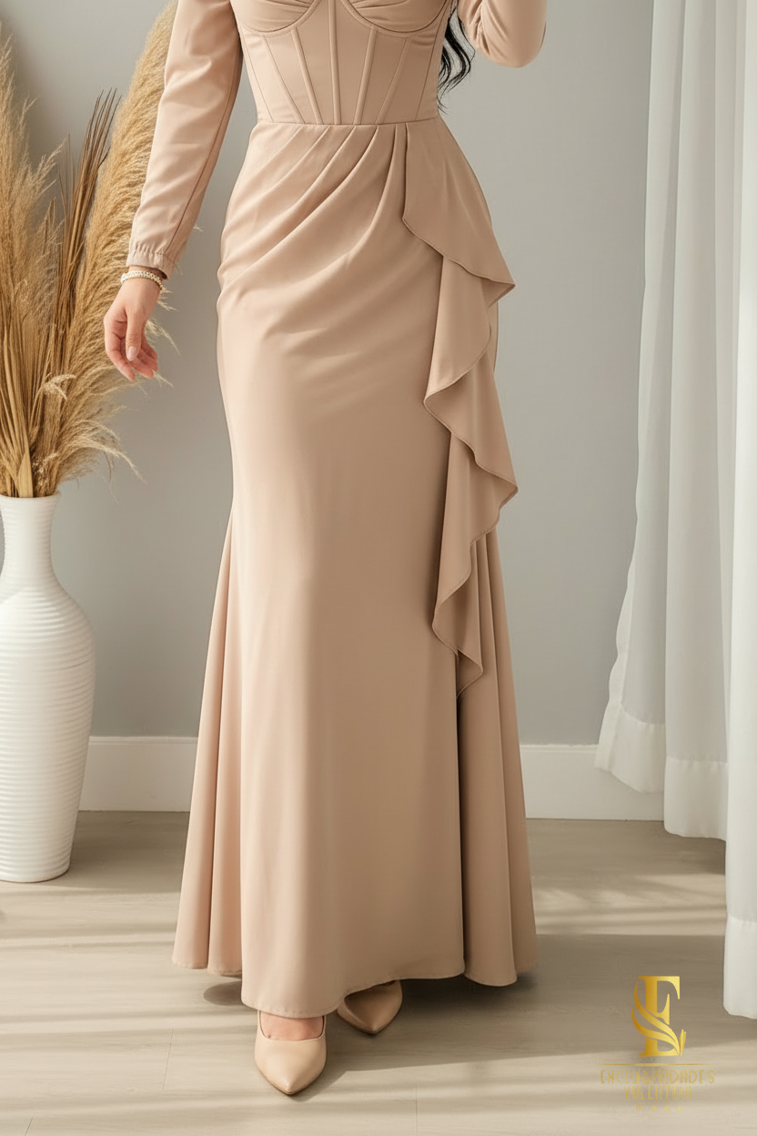 Vestido Champagne Manga Larga con Corset y Flores D cod.V280