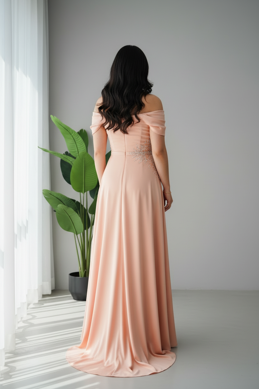 Vestido Peach Crystal Off-Shoulder – Gown Salmón Hombros Caídos con Bordado de Cristales cod.692