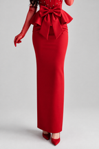 conjunto Gala Rojo Strapless Corset Perlas Peplum Lazo Guantes Tul cod.V0036