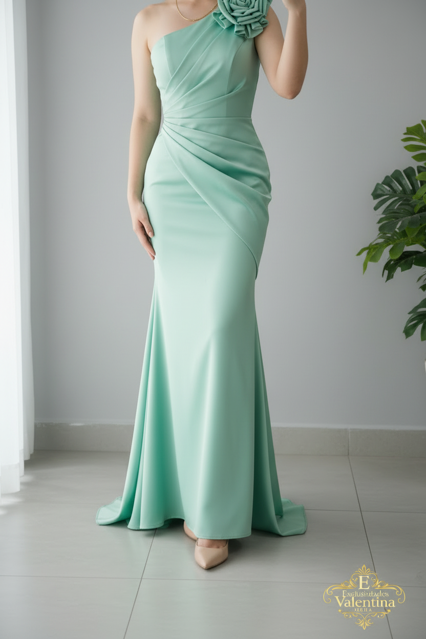Vestido Menta Un Hombro Rosa 3D Sirena cod.921