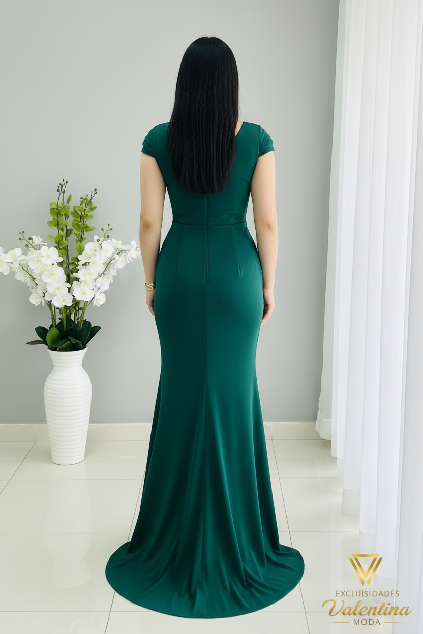 Vestido Sirena Verde Esmeralda | V-Neck Manga Casquillo con Rosa D cod.502
