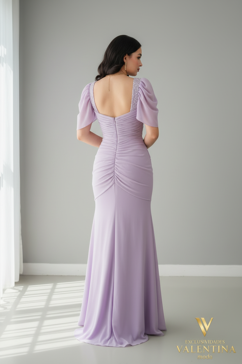 Vestido Lila Sirena con Escote V y Abertura Frontal cod.V507
