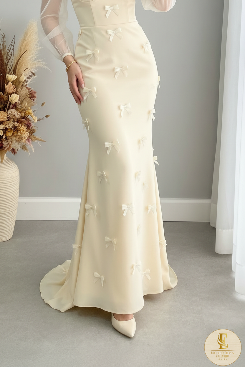 Vestido Crema Sirena Lazos 3D Manga Globo o cod.V386