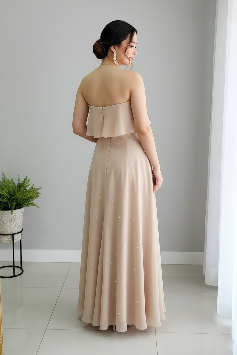 Conjunto Beige Dorado — Top Floral & Falda Perlas cod.856