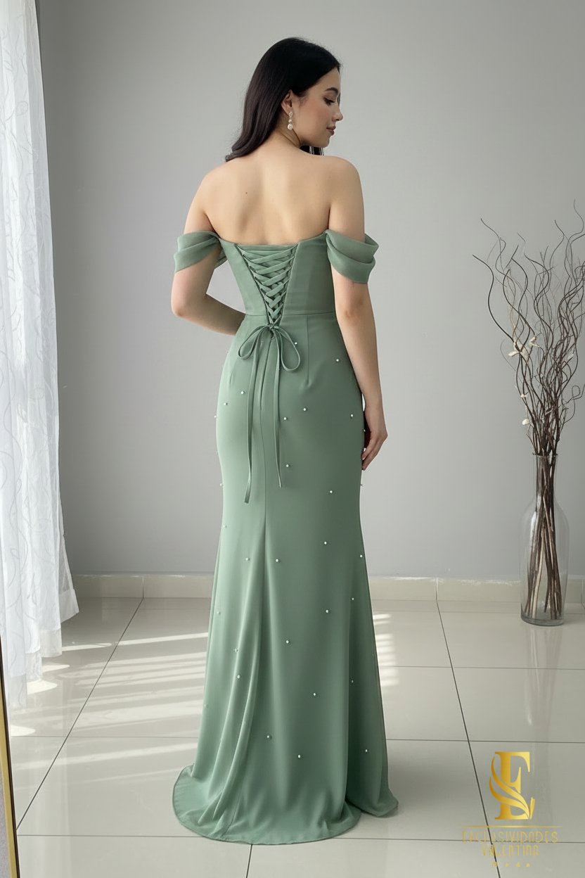 Vestido Verde Salvia Sirena con Perlas cod.V341