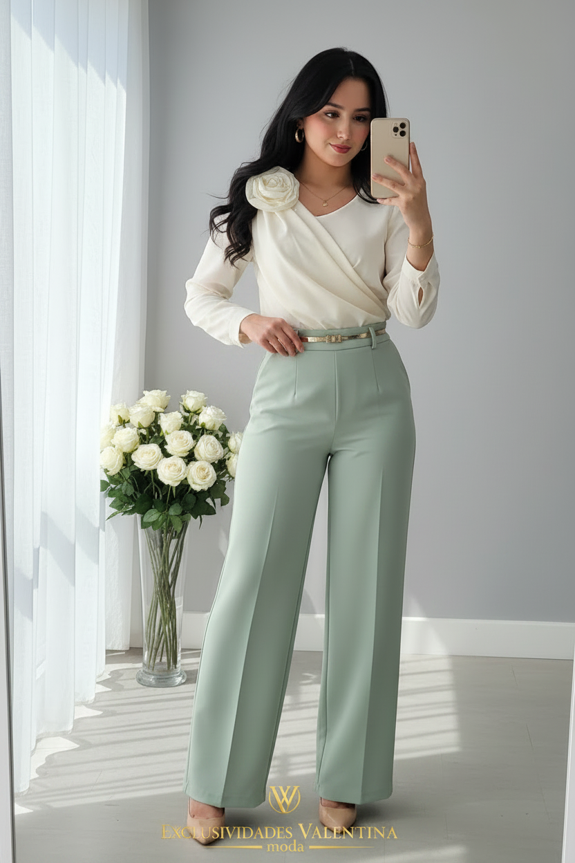 Conjunto Blusa Blanca y Pantalón Verde Menta cod.C730