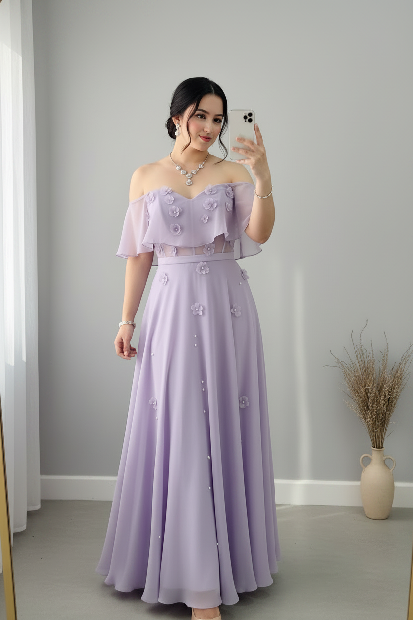 Vestido Lila Lavanda Escote Corazon Capelina Off-Shoulder Flores 3D Perlas A-Line cod.834