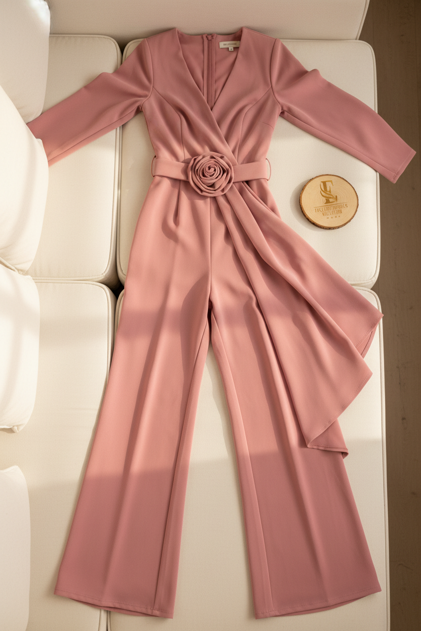 Jumpsuit Rosa Palo — Escote V, Rosa 3D & Caída Asimétrica cod.875