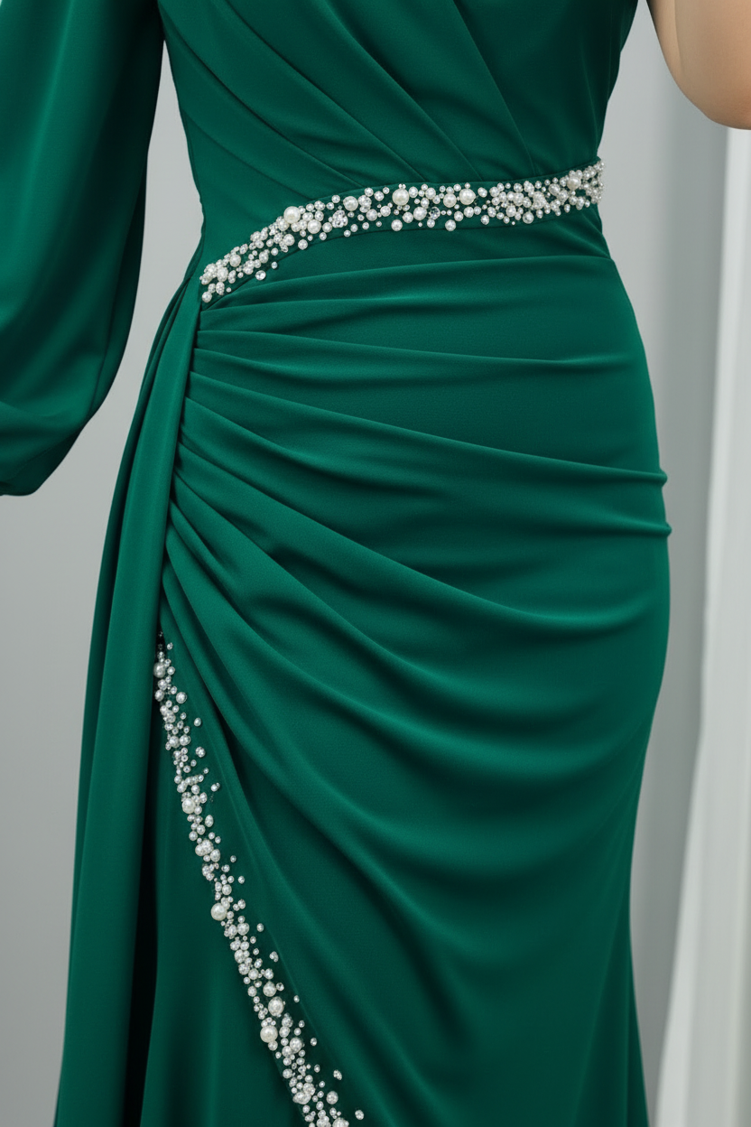 Vestido Verde Esmeralda Un Hombro Cinturón Perlas | VE-022