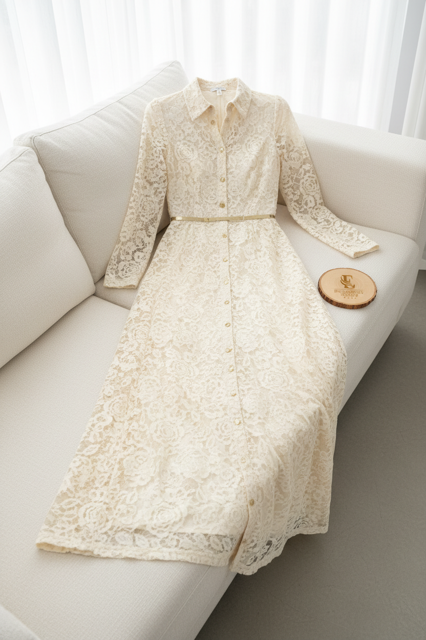 Vestido Encaje Crema — Botones Dorados  cod.857