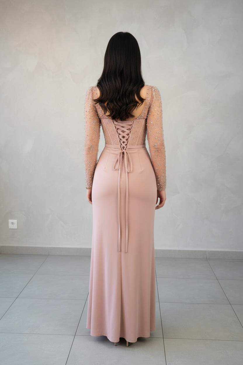Vestido Formal Rosa Palo Corset de Perlas con Mangas de Tul y Falda Drapeada con Abertura cod.527